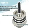 An exploded view diagram of a sink strainer basket valve with accompanying text highlighting features. Produktbild-Vorschau