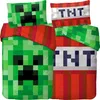 A collection of Minecraft-themed bedding, including a duvet cover and pillowcases, featuring Creeper and TNT designs. Podgląd zdjęcia produktu