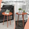 A split image showing two different uses of a red side table, one as a side table next to a sofa and the other as a coffee table with a plant and drink. Produktbild-Vorschau
