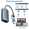A marketing image showing a USB-C to Ethernet adapter with compatibility information for devices and operating systems. Produktbild-Vorschau