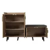 A wooden shoe cabinet with a padded bench seat, shown with doors open. Produktbild-Vorschau