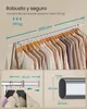 A collage of images showing a clothes rack with clothes hanging on it, and close-ups of its dimensions and features. Produktbild-Vorschau