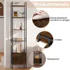 A collage of images showcasing a tall, narrow bookshelf with a rustic brown finish and black metal frame, highlighting its features and compact design. Produktbild-Vorschau