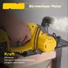 A person is using a yellow circular saw to cut a piece of wood. Dust is being expelled from the saw's exhaust port. Produktbild-Vorschau