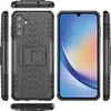Multiple views of a black smartphone case with a kickstand, shown from different angles, alongside a smartphone screen. Produktbild-Vorschau