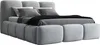 A light gray upholstered bed with pillows and a black throw blanket. Produktbild-Vorschau