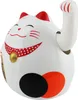 A white ceramic Maneki-neko (lucky cat) figurine with red and black accents, sitting on a white background. Produktbild-Vorschau
