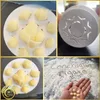 A collage showing fresh pasta shells being made and ready to be cooked, along with a pasta cutter and text on flour. Podgląd zdjęcia produktu