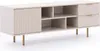 A modern TV stand with a fluted door, open shelves, and two drawers, shown against a white background. Produktbild-Vorschau