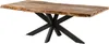 A wooden table with a live edge top and a black metal cross base, presented against a white background. Produktbild-Vorschau