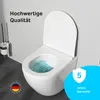 A white wall-mounted toilet with water flushing, next to a toilet brush holder. Text overlays highlight quality and warranty. Produktbild-Vorschau