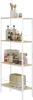 A white metal shelving unit with wooden shelves, filled with various kitchen items and bottles. Produktbild-Vorschau