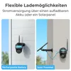 Two split images showing a security camera mounted on a white wall and another security camera with a solar panel mounted on a gray wall. Produktbild-Vorschau