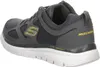 A rear-side view of a gray Skechers men's athletic shoe with yellow accents. Produktbild-Vorschau