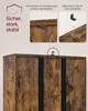 Close-up of a wooden cabinet with text and diagrams highlighting stability and safety features. Produktbild-Vorschau