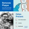 A collage of marketing images for a dental hygiene product, featuring text about plaque removal and prevention, an illustration of dental cleaning, and a lifestyle photo of a happy couple. Produktbild-Vorschau