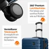 Close-up marketing image of a blue suitcase, highlighting its features with text overlays and close-up shots of its wheels and handle. Produktbild-Vorschau