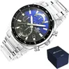 A close-up studio shot of a Casio Edifice watch with its blue dial and silver metal band, placed next to its dark blue presentation box. Voir les images du produit