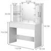A white vanity table with a lighted mirror and shelves, with dimensions indicated by measurement lines and text. Náhled obrázku produktu