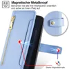 Close-up of a light blue phone case with a zipper and magnetic closure, highlighting its features with illustrative graphics. Produktbild-Vorschau
