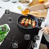 A person is cooking food on an induction stovetop, with various icons indicating features. Produktbild-Vorschau