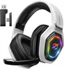 A white and black gaming headset with a USB dongle is displayed against a white background. The headset features colorful RGB lighting on the earcups. Produktbild-Vorschau