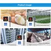 Collage of images showing the electronic humidity controller used in different applications like incubators, greenhouses, computer rooms, and farms. Náhľad obrázku produktu