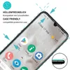 A smartphone screen protector is shown on a smartphone, with text overlays indicating its features. Produktbild-Vorschau