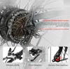 Close-up view of an e-bike's rear derailleur and cassette, with inset images of the shifter and front derailleur, accompanied by descriptive text about the gear system. Produktbild-Vorschau