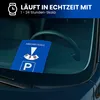 A blue parking disc with a time selection mechanism is placed on a car's dashboard, visible through the windshield. The top of the image has a dark blue overlay with white text and a clock icon. Náhled obrázku produktu