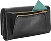 A close-up view of a black leather wallet with a teal card peeking out of a zippered pocket. Produktbild-Vorschau