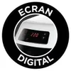 A circular marketing graphic with text overlaying a close-up of a digital display on a product. Produktbild-Vorschau