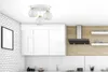 A modern kitchen with white cabinets, a wooden backsplash, and a stainless steel range hood. A white ceiling light fixture with three glass globe shades hangs from the ceiling. Produktbild-Vorschau