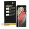A product box with installation instructions for a screen protector, next to a smartphone with the screen protector applied. Produktbild-Vorschau