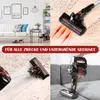 A collage of four images showing a cordless stick vacuum cleaner in different settings and close-ups, with a marketing text overlay. Produktbild-Vorschau