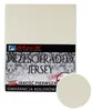 A flat lay of a cream-colored jersey fitted sheet with a label. Produktbild-Vorschau