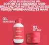 Marketing image showing two Wella Invigo Color Brilliance hair products (shampoo and mask) with German text describing a hair care routine. Produktbild-Vorschau