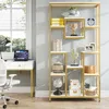 A modern home office setup featuring a white desk with a tablet and a white office chair, next to a tall gold and white bookshelf filled with decorative items and books. Produktbild-Vorschau