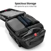 An open black backpack filled with travel items, showcasing its storage capacity. Produktbild-Vorschau