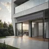 A modern building with a retractable awning extended over a patio area. Produktbild-Vorschau