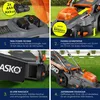 A collage of four images showcasing different features of a lawnmower. Produktbild-Vorschau