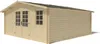 A wooden garden house with double doors and a window, shown from a side angle against a white background. Produktbild-Vorschau
