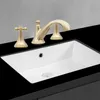 A gold faucet set above a white sink on a black countertop. Podgląd zdjęcia produktu
