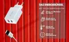 A white USB charger with a white USB cable against a red ribbed background. Text overlays highlight product features. Náhled obrázku produktu