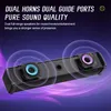 A soundbar with glowing speakers and sound waves emanating from it, set against a dark purple and black gradient background with text overlays. Náhled obrázku produktu
