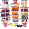 A collection of clear plastic food storage containers filled with various colorful foods, neatly stacked and arranged. Náhled obrázku produktu