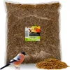 A bag of dried mealworms with a bullfinch bird in the foreground. Produktbild-Vorschau