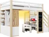 A loft bed with an integrated desk, wardrobe, and storage shelves, set against a plain background with yellow lighting under the bed. Voir les images du produit
