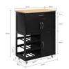 A black kitchen cart with a wooden top, shown with dimensions and measurements. Produktbild-Vorschau
