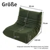 A green sofa with dimensions indicated by measurement lines and text. Produktbild-Vorschau